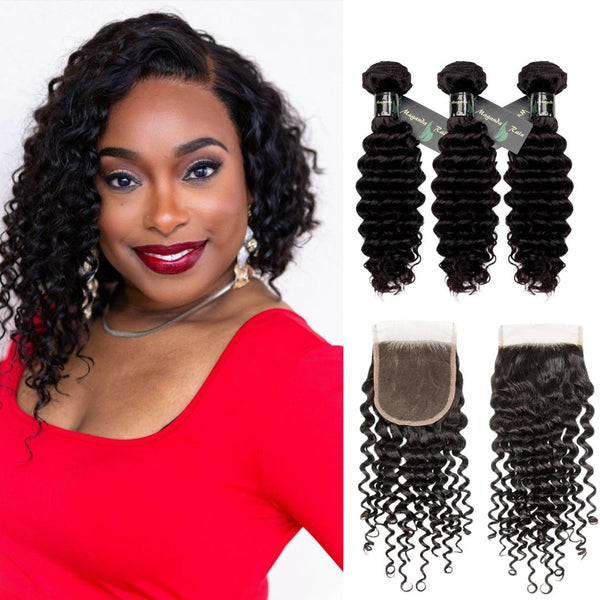 Maganda Rain Luxury Deep Curly 3 Bundles with 4x4 Transparent Closure