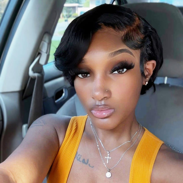Peluca Maganda Rain Pixie Cut con cierre 4x4, color negro natural