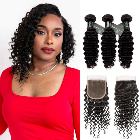 Maganda Rain Luxury Deep Curly 3 Bundles with 4x4 HD Closure